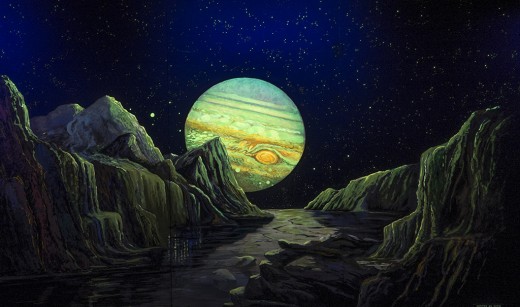New display at Abrams showing stunning view of Jupiter from one of its icy moons