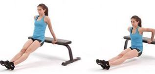 Extended legs add resistance. The goal is to be able to perform dips with one's legs extended -- and feet (heels) on a second bench or stool.