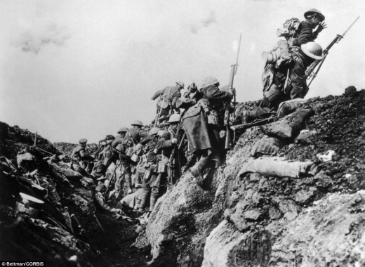British troops going over the top of the trenches into no man's land to meet their death on the Western Front 1914-18. 