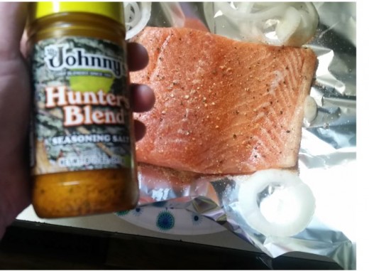 seasoned salt on salmon, plus black pepper