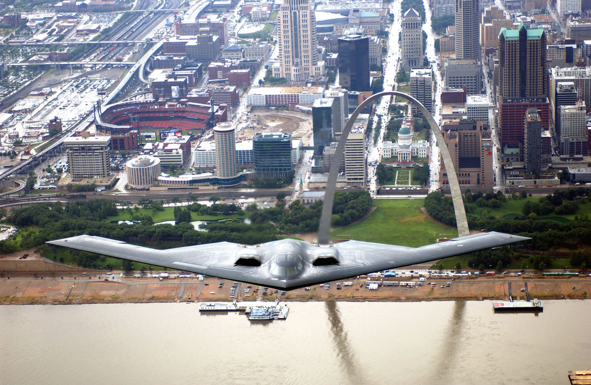 The B-2 flying over St. Louis Missouri and the Mississippi River.