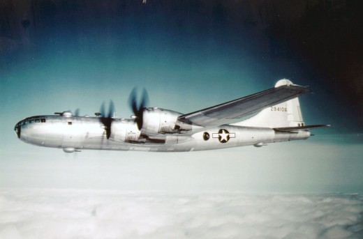 A B-29 on a long range mission in 1945 near the end of the war. The B-29 Superfortress was designed to make strategic bombing a reality.
