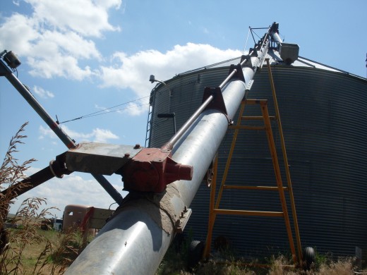 The transport auger, with the upper end positioned over the hole in the grain bin.