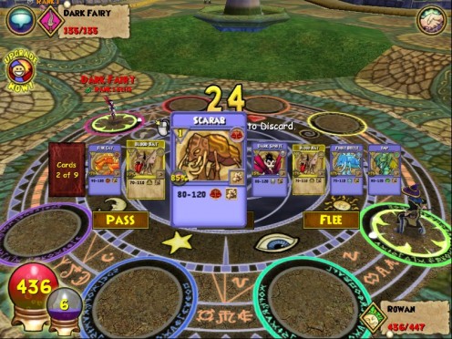 Rowan's cards in a turn-based battle against the dark fairy.