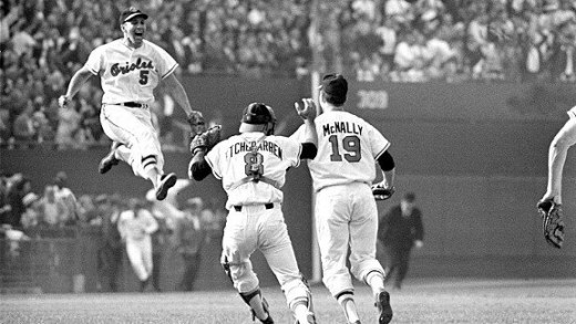 The Baltimore Orioles celebrate their victory at the 1966 World Series. Their golden years encompassed a playing philosophy called "The Oriole Way", which saw them through 18 consecutive winning seasons and two more World Series titles (1970, 1983). 