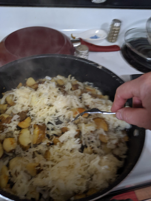 Add the sauerkraut to the potato mixture when you flip the steak