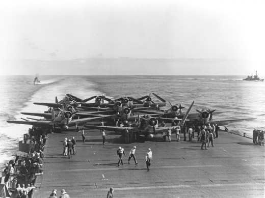 VT-6 Devastators preparing for takeoff from the USS Enterprise during the Battle of Midway.