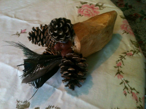 Woodworking, including carving tools and lathe work gave my son an outlet, and contributed to our autumn decorating campaign. The horn of plenty became more than merely a coloring page. Feathers were collected on local farms.