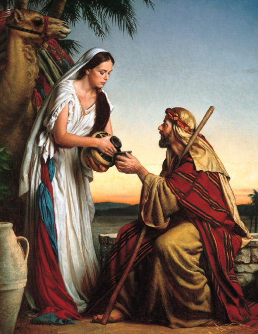 Rebecca pouring water for Eliezer to drink