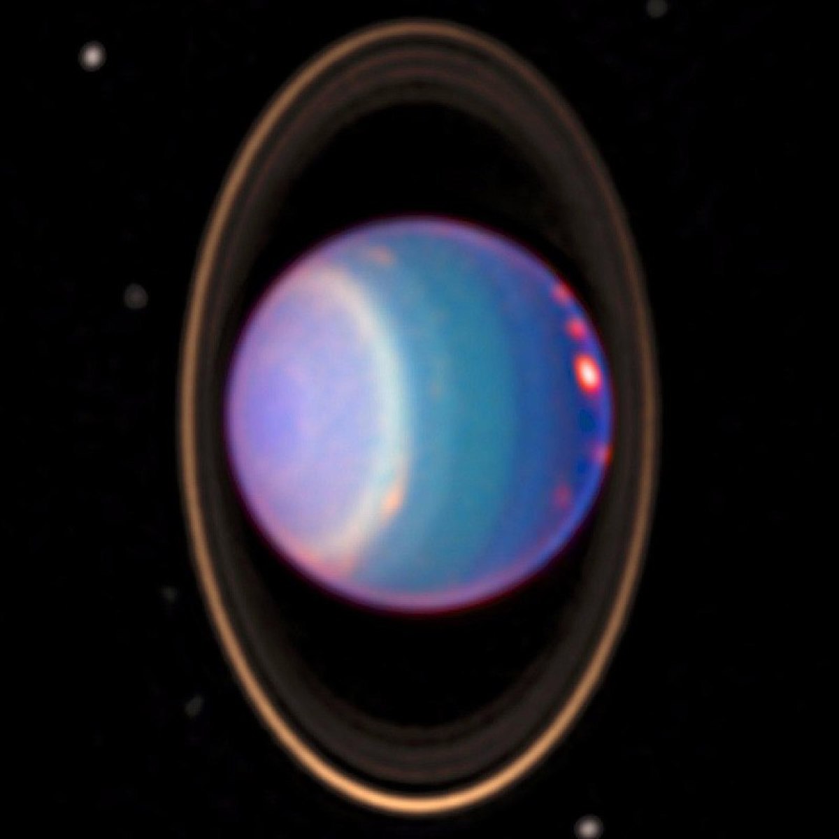 Infrared image of Uranus taken by the Hubble Space Telescope. This infrared snapshot highlights the extraordinary ring system that surrounds Uranus.