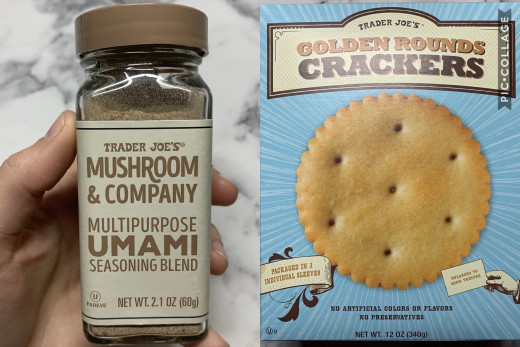 Picture of the Trader Joe's crackers and umami seasoning we use