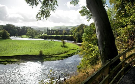 Bolton Abbey from a bend in the River Wharfe