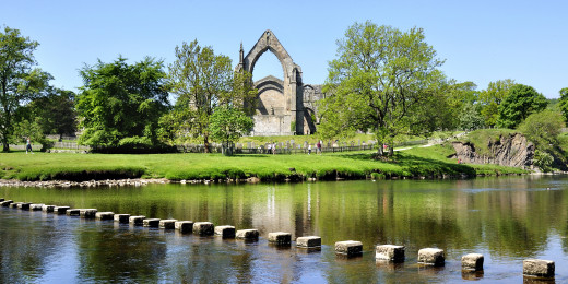 Bolton Abbey from across the River Wharfe with the famed - or is it notorious? - stone steps the monks used to cross the river. Would you?