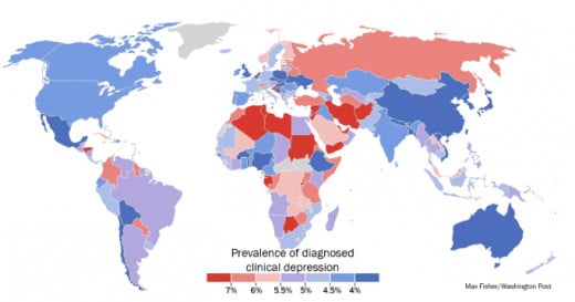 Map illustrating countries and the rates of depression in them (red parts have higher depression rates) 