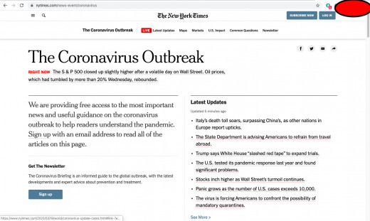 Screenshot showing nytimes statement to allow free reads of Covid-19 related content.