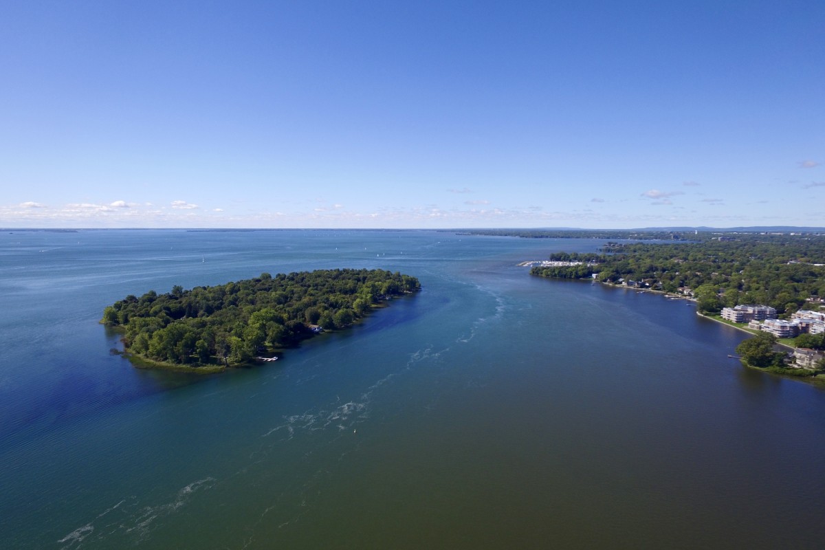 Dorval Island, or L'Île-Dorval, and Saint Lawrence River seen from above.
