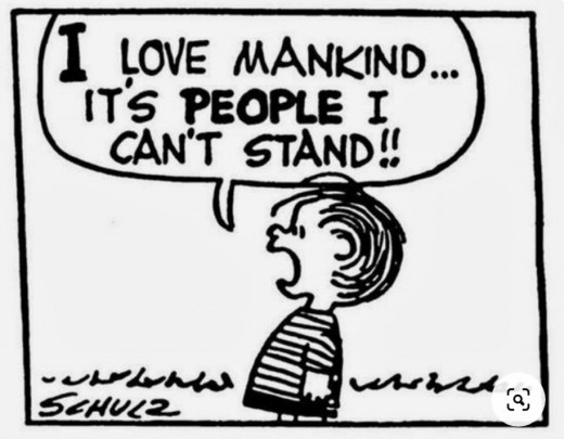 If Charles Schulz drew big buildings behind Linus, and a crowd of people willfully ignoring him, he'd have New Yorkers pegged.