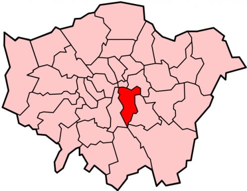 Map location of the London Borough of Southwark, shown (in red) within Greater London. 
