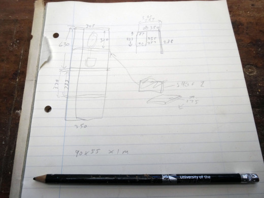 Rough sketch plan of display cabinet; with measurements.