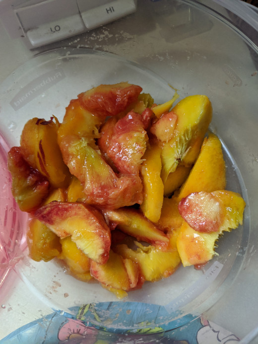 Collect peach wedges in bowl
