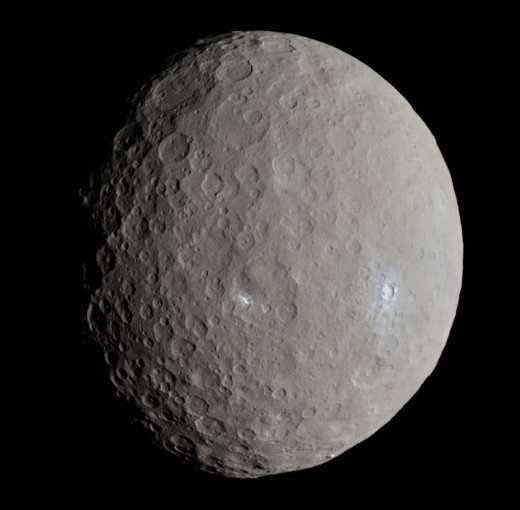 Approximate true-color image of Ceres, using the F7 ('red'), F2 ('green') and F8 ('blue') filters, projected onto a clear filter image. Images were acquired by Dawn at 04:13 UT May 4, 2015, at a distance of 13641 km. At the time, Dawn was over Ceres'