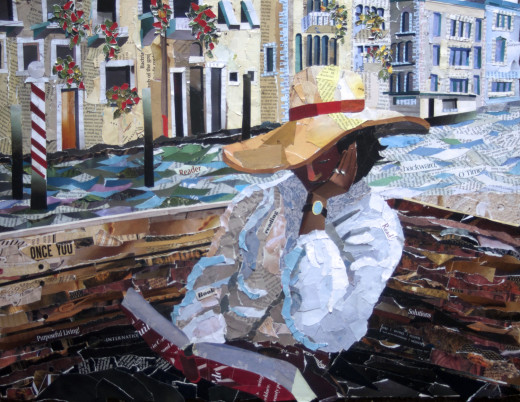 Collage of a woman reading