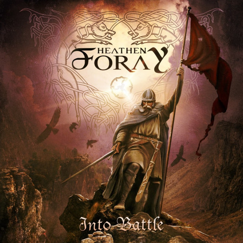 The cover for the album Into Battle shows a very confident warrior standing on top of a cliff holding onto a flag. The cover also portrays a warrior who knows that he has successfully completed his mission. 