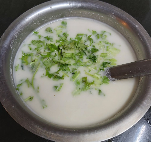 To this batter add finely chopped fresh coriander leaves.