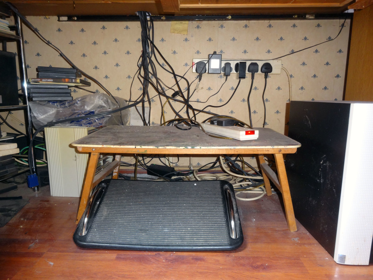 Original spaghetti junction under the desk before I made the cable management trough. The following photos is a guide to making and installing the cable management trough