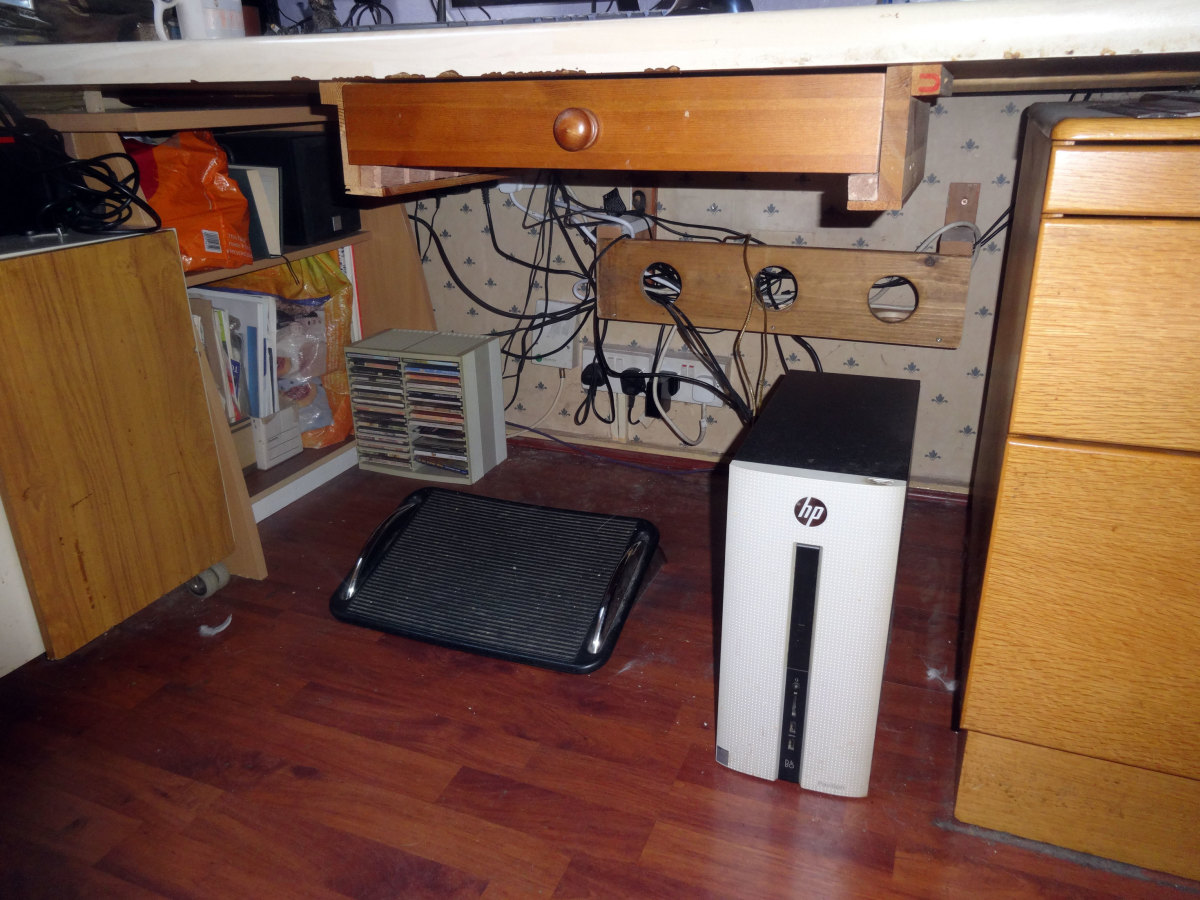 Job complete.  Modified Ikea computer desk repurposed as storage under main desk.