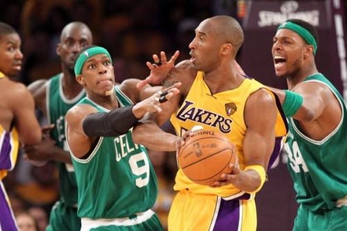 Kobe Bryant pictured with Rajon Rondo and Paul Pierce with Kevin Garnett and Andrew Bynum pictured in the 