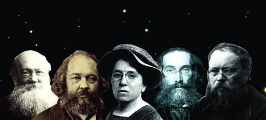 Anarchist philosophers Pyotr Kropotkin, Mikhail Bakunin, Emma Goldman, Gustav Landauer, and Pierre-Joseph Proudhon