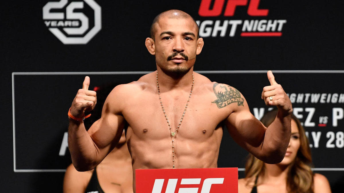 Jose Aldo at the weigh-ins before his bout against Jeremy Stephens at UFC Fight Night Alvarez vs Poirier.