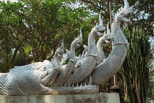 Wat Ho Xiang-Nagas represent bridges between Heaven and Earth and their pointed noses are believe to impale and catch evil spirits