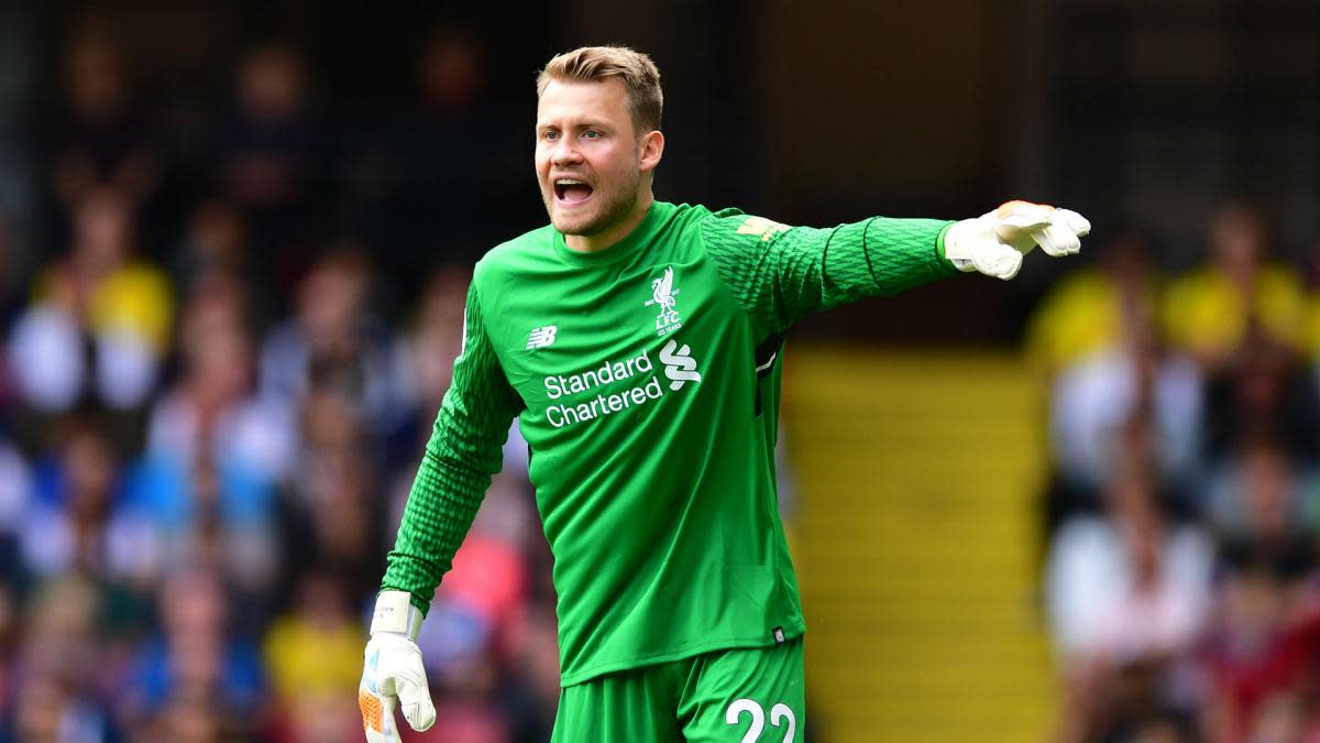 Simon Mignolet instructing the defenders during a match for Liverpool FC.