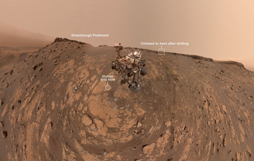 Curiosity at the Hutton Drill Site: This selfie was taken Curiosity Mars rover on Feb. 26, 2020. The crumbling rock layer at the top of the image is the Greenheugh Pediment, which the rover climbed short.y after taking the image.