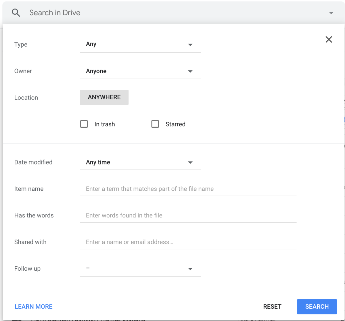 Advanced search options to help you organize your Google Drive search results