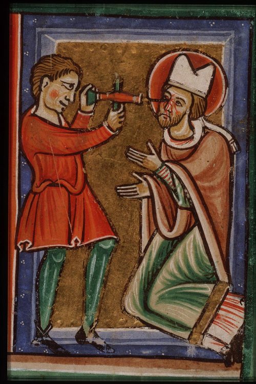 St Leodegar's martyrdom.From a picture French Bible (ca. 1200) depicting his eyes being pierced with a drill.Wikipedia