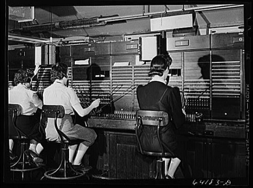 "Number Please"  - Depression Era photo of telephone operators - this technology was relatively unchanged into the 1960s or later.  Photo Credit:   Library of Congress, Prints & Photographs Division, FSA-OWI Collection, [reproduction number, e.g., LC