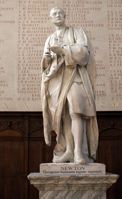 Statue of Sir Isaac Newton Trinity College Chapel Cambridge University Cambridge England.