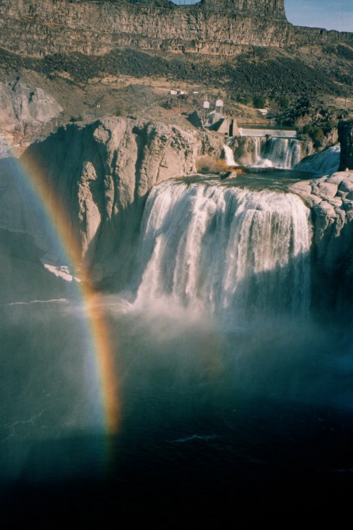 This is a rainbow caused by the mist or spray thrown up by the water crashing 212 feet down onto the rocks.