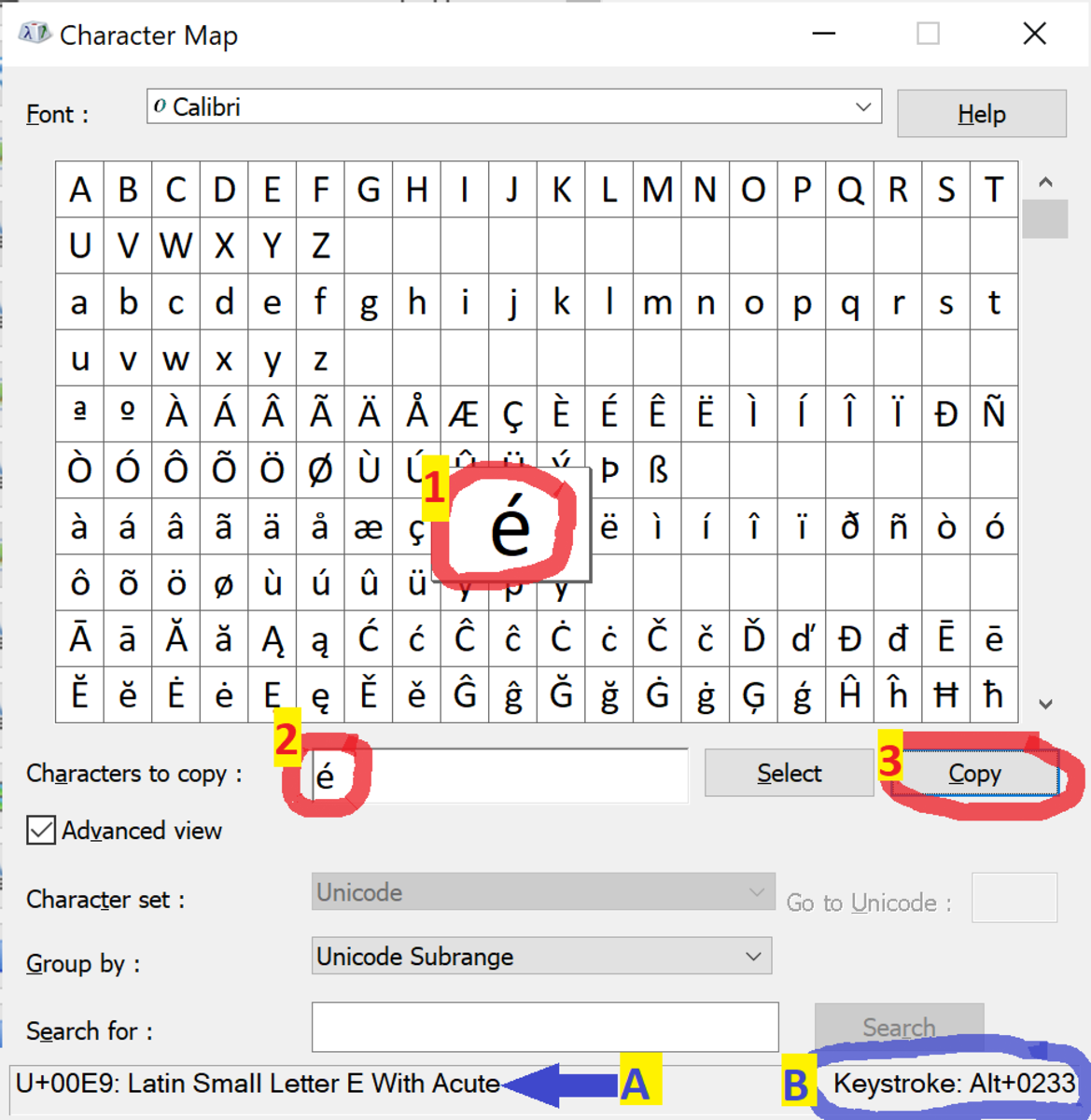 Character Map with the character "é" selected and copied.