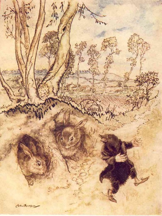 "Onion-sauce! Onion-sauce!" he remarked jeeringly, and was gone before they could think of a reply. Mole enjoying spring. Illustration by Arthur Rakham