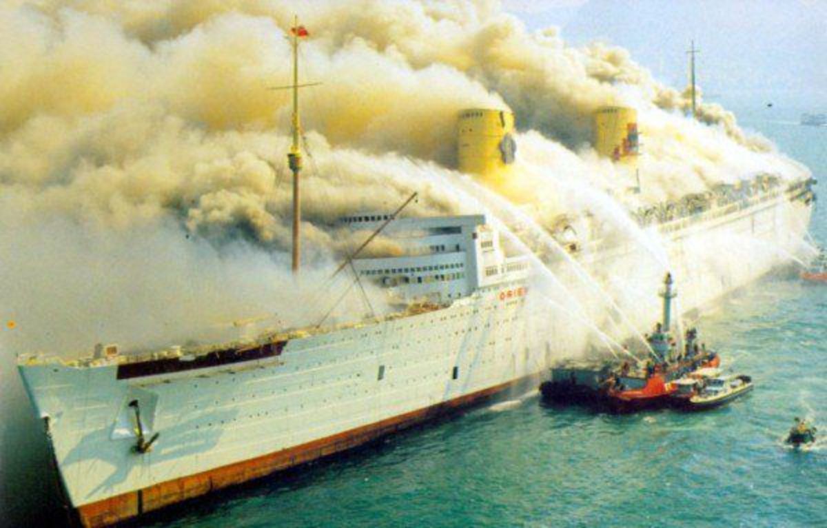 The Queen Elizabeth burning in Kowloon Harbour, Hong Kong.