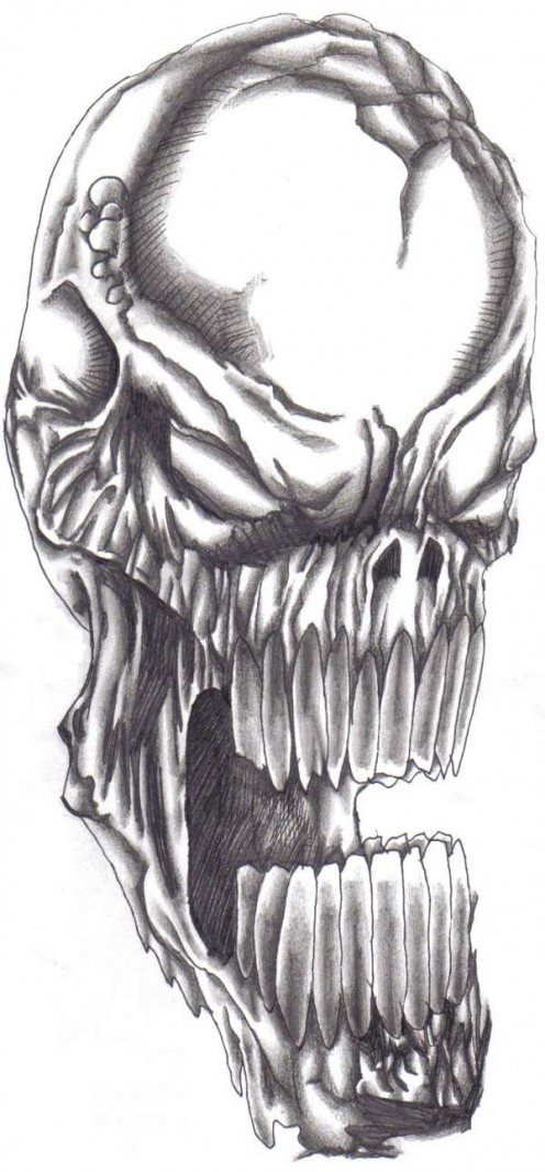 The evil skull demon pen and ink drawing.