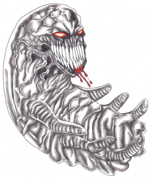 Inked with pen and shaded with pencil this demon foetus was a popular design when I created it almost 6 years ago.