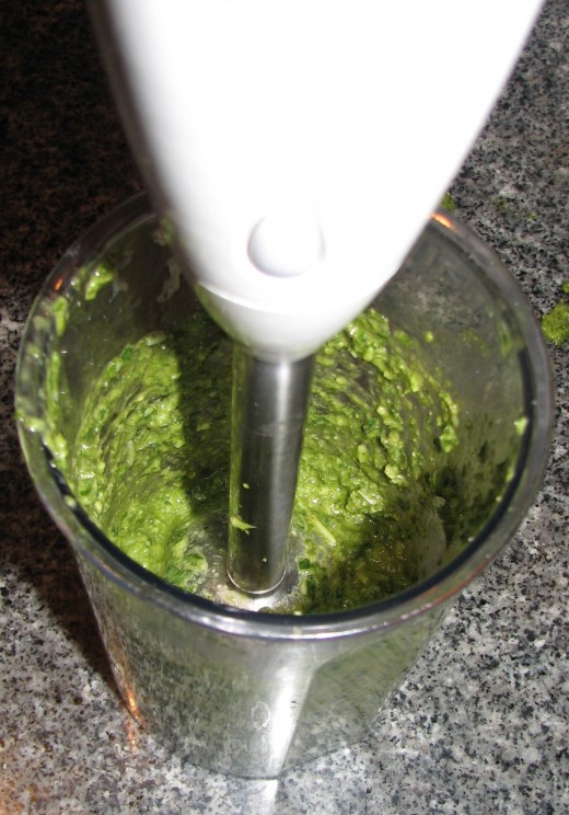 Mixture being blended with a Stick/Hand Blender