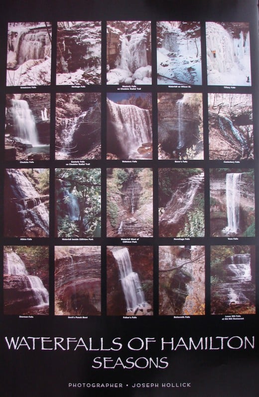 Poster showing 20 of Hamilton's waterfalls with one row for each of the four seasons.