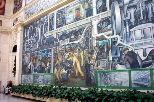 Mural of industrialization of Detroit.