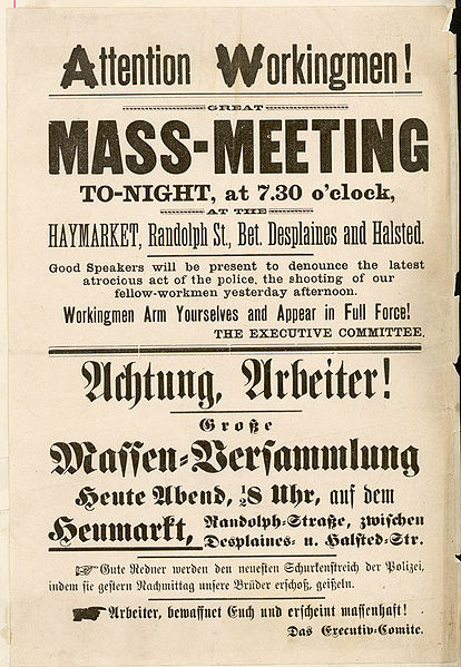 The first flier calling for a rally in the Haymarket on May 4.